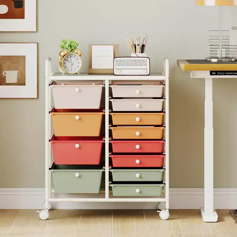 Costway Chariot de rangement roulant à 12 tiroirs amovibles avec roulettes verrouillables pour bureau Macaron Multicolore
