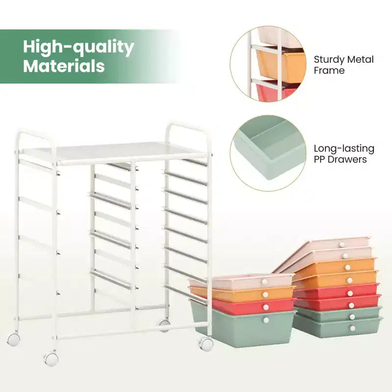 Costway Chariot de rangement roulant à 12 tiroirs amovibles avec roulettes verrouillables pour bureau Macaron Multicolore