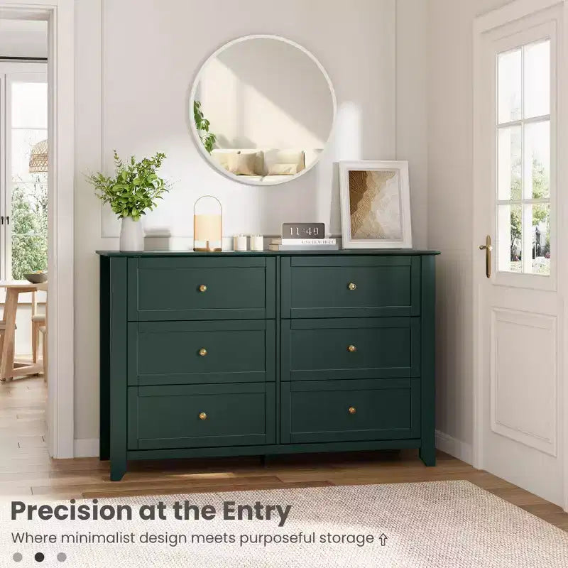 Commode à 6 tiroirs - Meuble de rangement en bois de 50 po de large avec poignées métalliques pour chambre, entrée et couloir