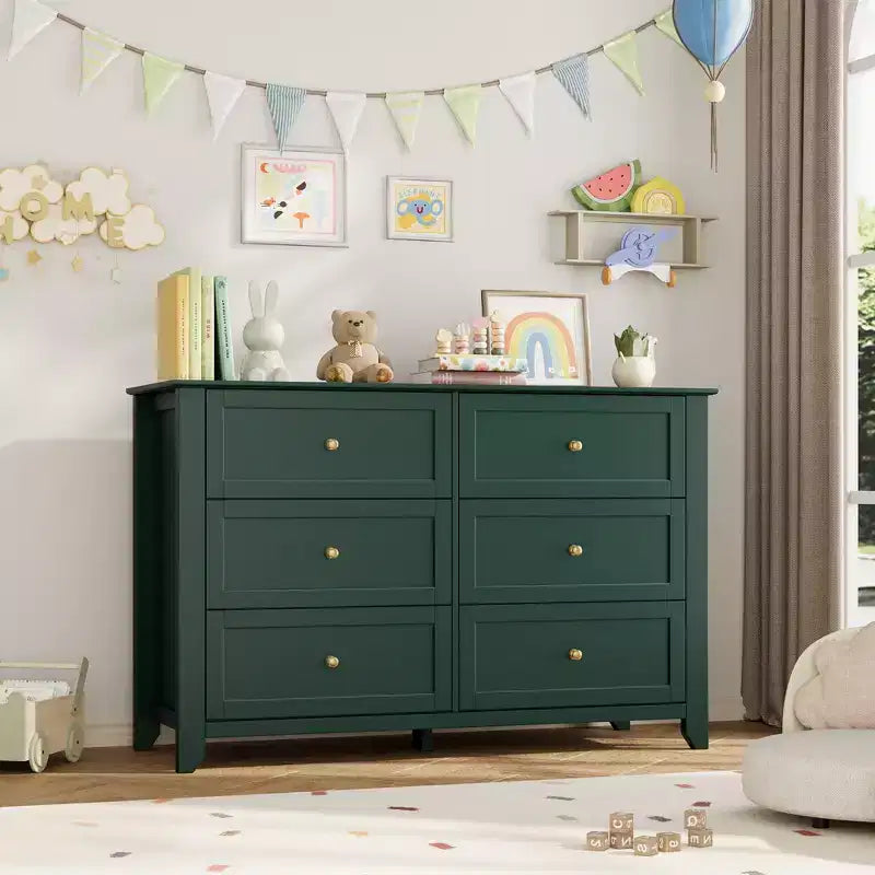 Commode à 6 tiroirs - Meuble de rangement en bois de 50 po de large avec poignées métalliques pour chambre, entrée et couloir