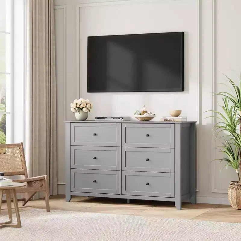 Commode à 6 tiroirs - Meuble de rangement en bois de 50 po de large avec poignées métalliques pour chambre, entrée et couloir