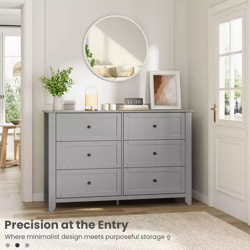 Commode à 6 tiroirs - Meuble de rangement en bois de 50 po de large avec poignées métalliques pour chambre, entrée et couloir