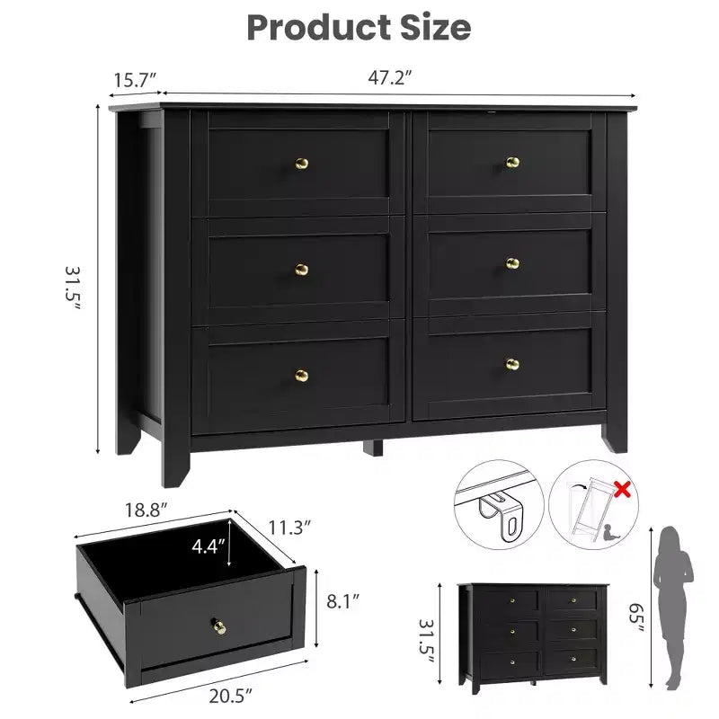 Commode à 6 tiroirs - Meuble de rangement en bois de 50 po de large avec poignées métalliques pour chambre, entrée et couloir
