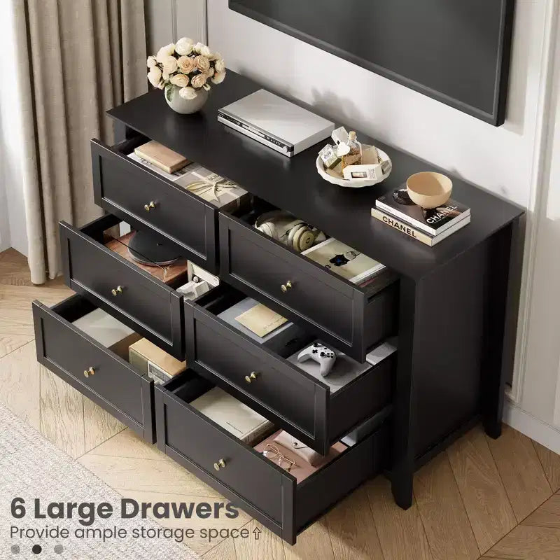 Commode à 6 tiroirs - Meuble de rangement en bois de 50 po de large avec poignées métalliques pour chambre, entrée et couloir