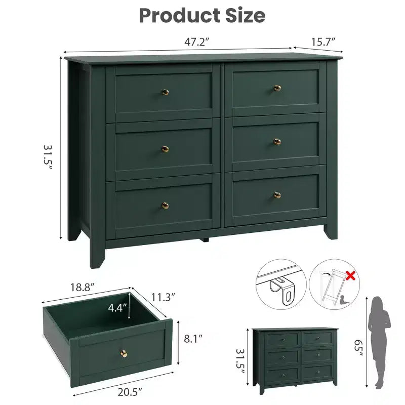 Commode à 6 tiroirs - Meuble de rangement en bois de 50 po de large avec poignées métalliques pour chambre, entrée et couloir