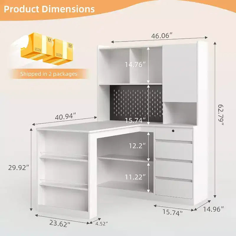 Bureau d'angle en L blanc avec tiroirs et station de recharge, 1 personne