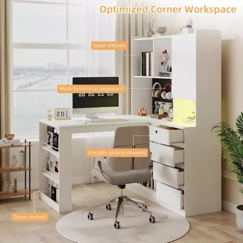 Bureau d'angle en L blanc avec tiroirs et station de recharge, 1 personne