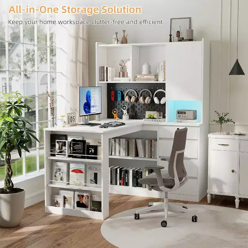 Bureau d'angle en L blanc avec tiroirs et station de recharge, 1 personne