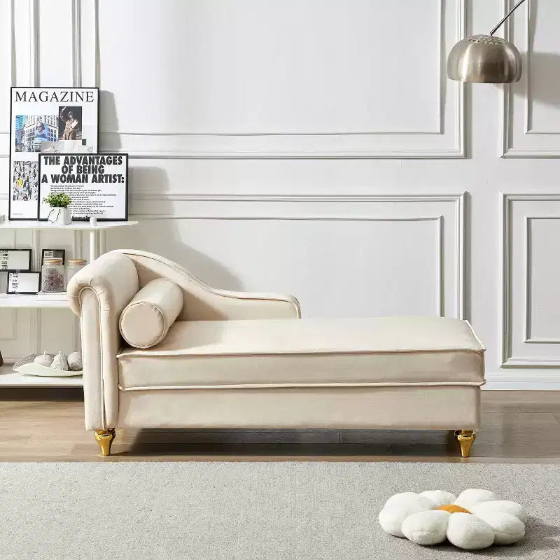 GDFStudio Laurel Velvet Chaise Lounge with Metal Legs and Storage
