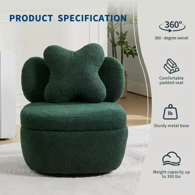 Fauteuil d'appoint pivotant en velours Teddy vert, une place, rotation à 360°