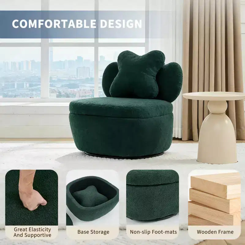 Fauteuil d'appoint pivotant en velours Teddy vert, une place, rotation à 360°