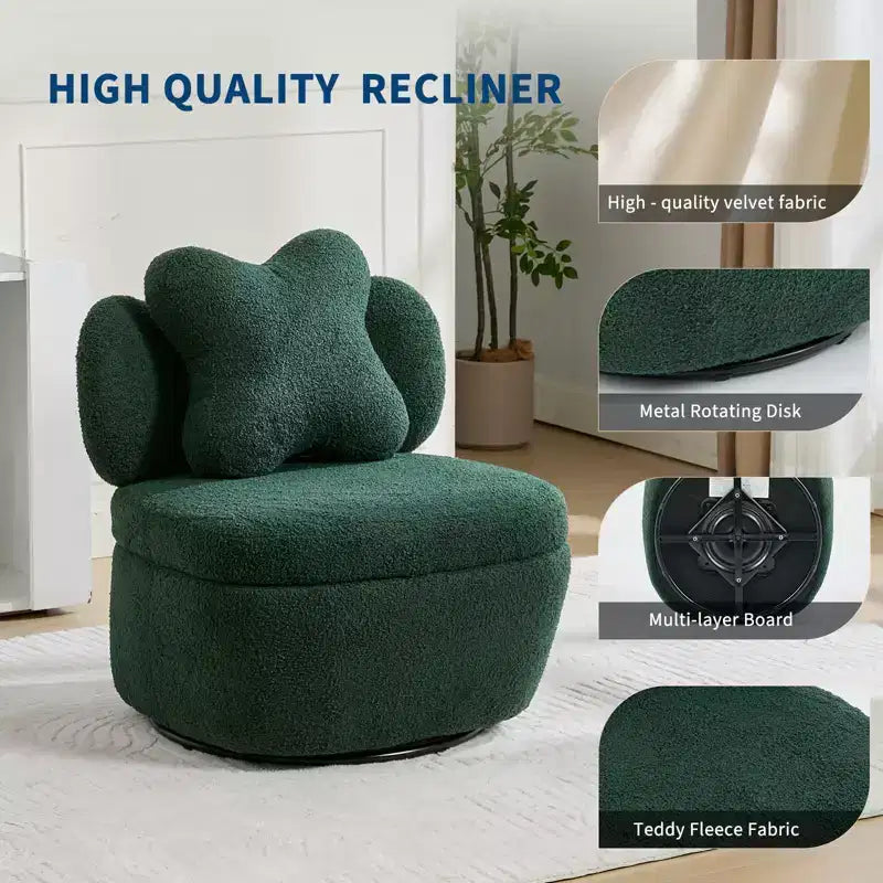 Fauteuil d'appoint pivotant en velours Teddy vert, une place, rotation à 360°