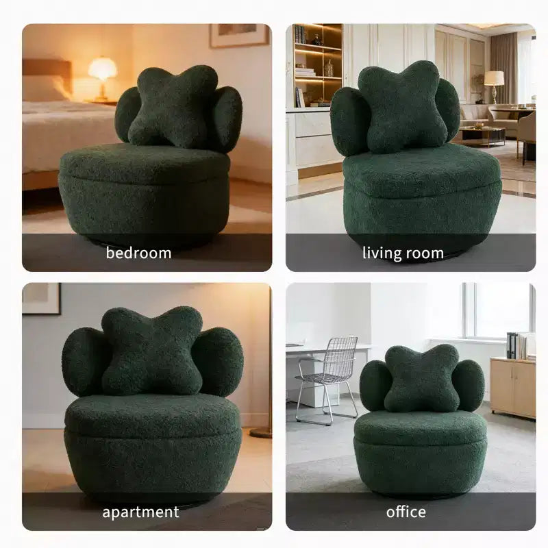 Fauteuil d'appoint pivotant en velours Teddy vert, une place, rotation à 360°