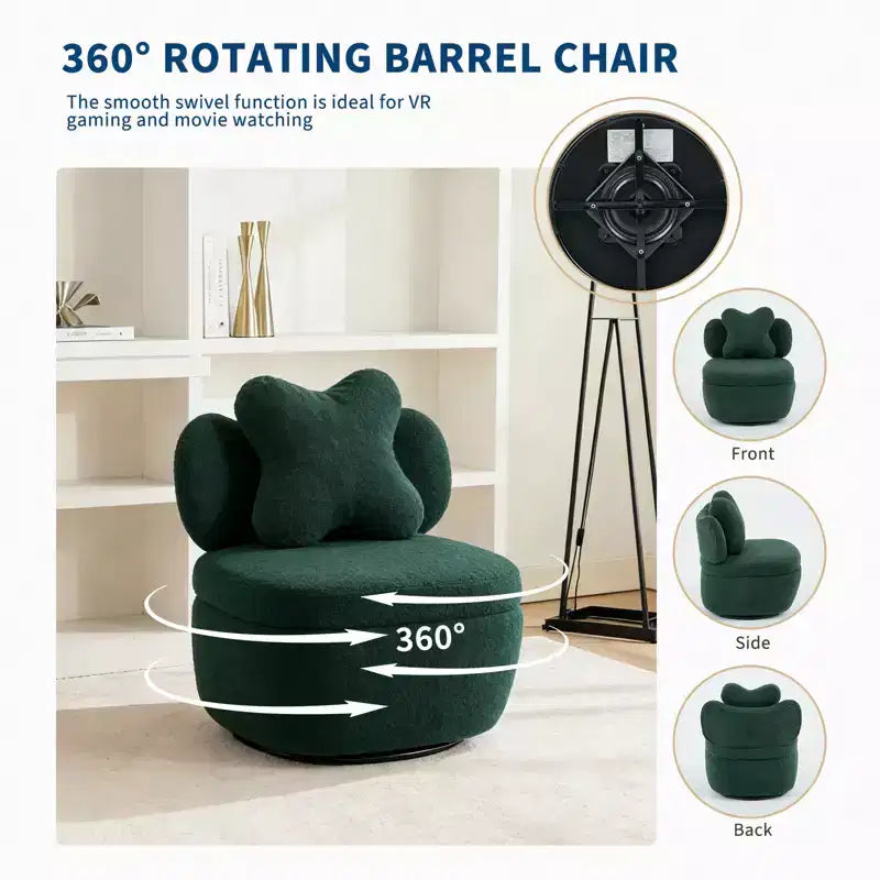 Fauteuil d'appoint pivotant en velours Teddy vert, une place, rotation à 360°
