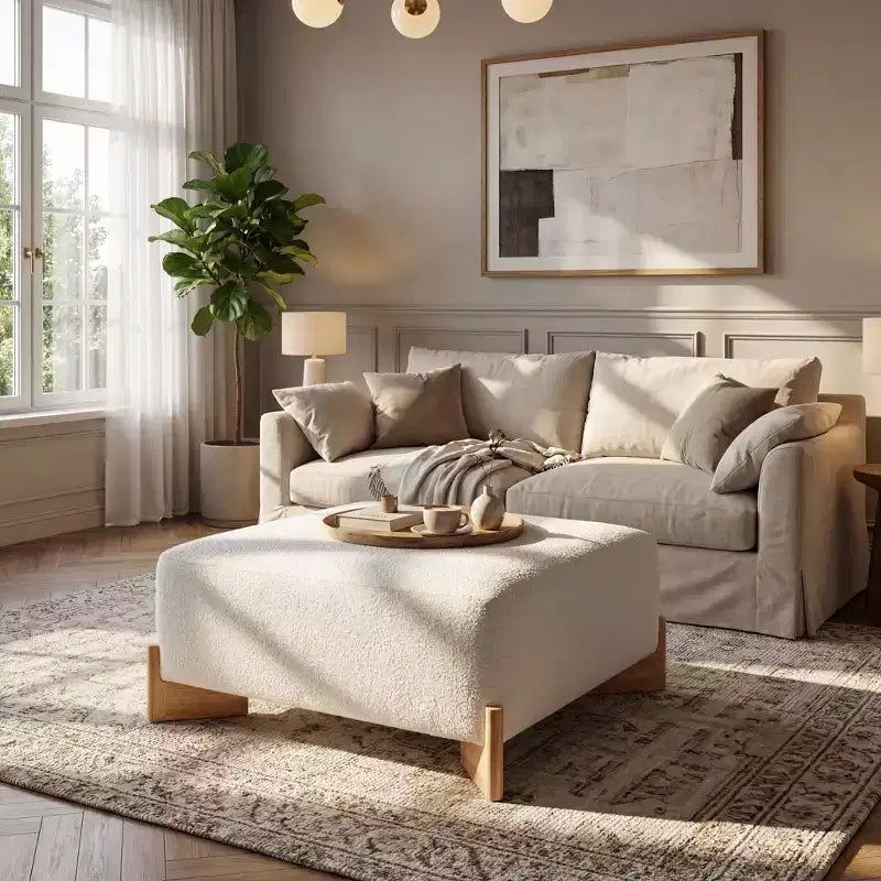 Pouf carré moderne en bois rembourré en bouclette Thanyarat de Christopher Knight Home