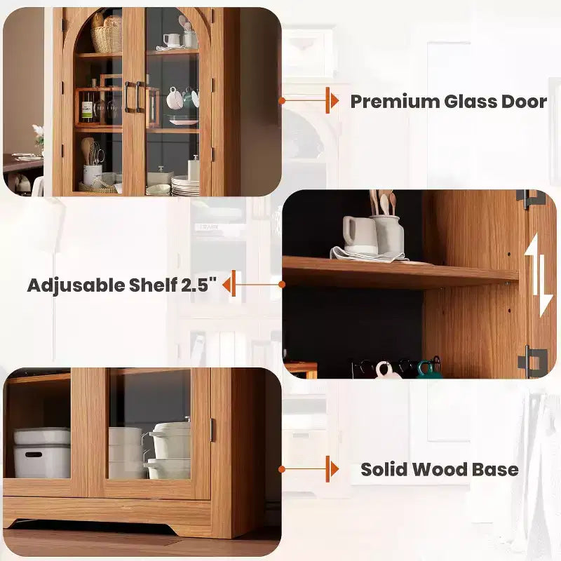 Armoire de rangement de cuisine de 70 po – Garde-manger moderne avec 4 portes en verre arqué et étagères réglables, pour cuisine, salle à manger et salon