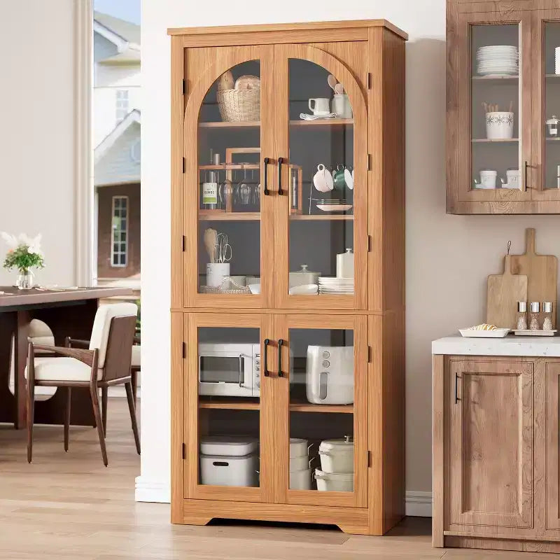 Armoire de rangement de cuisine de 70 po – Garde-manger moderne avec 4 portes en verre arqué et étagères réglables, pour cuisine, salle à manger et salon