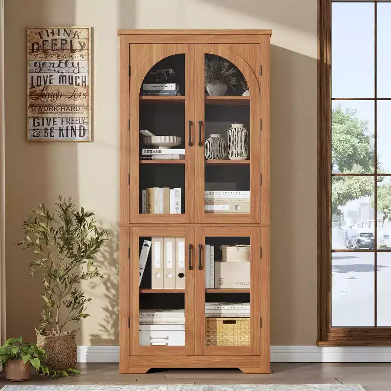 Armoire de rangement de cuisine de 70 po – Garde-manger moderne avec 4 portes en verre arqué et étagères réglables, pour cuisine, salle à manger et salon