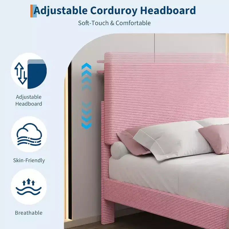 Cadre de lit double, lit plateforme avec tête de lit de rangement capitonnée en velours côtelé réglable et station de charge, support en métal robuste, rose