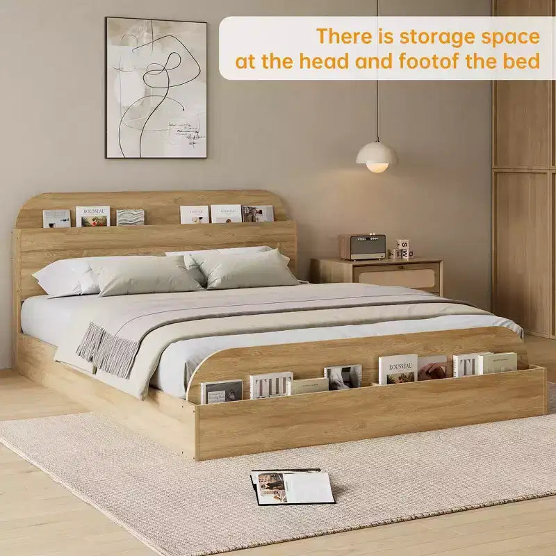 Cadre de lit robuste avec tête de lit de rangement - Plateforme en bois, pied de lit surélevé, support à lattes, aucun sommier tapissier requis, blanc et noyer, mobilier de chambre à coucher