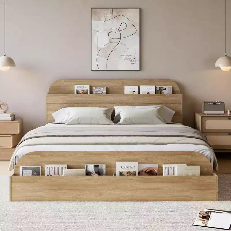 Cadre de lit robuste avec tête de lit de rangement - Plateforme en bois, pied de lit surélevé, support à lattes, aucun sommier tapissier requis, blanc et noyer, mobilier de chambre à coucher