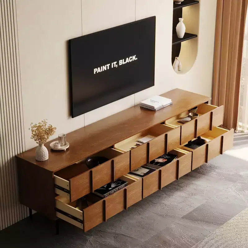 Meuble TV contemporain Luck Live 86.61 avec tiroirs multiples, pieds en métal, trous de ventilation