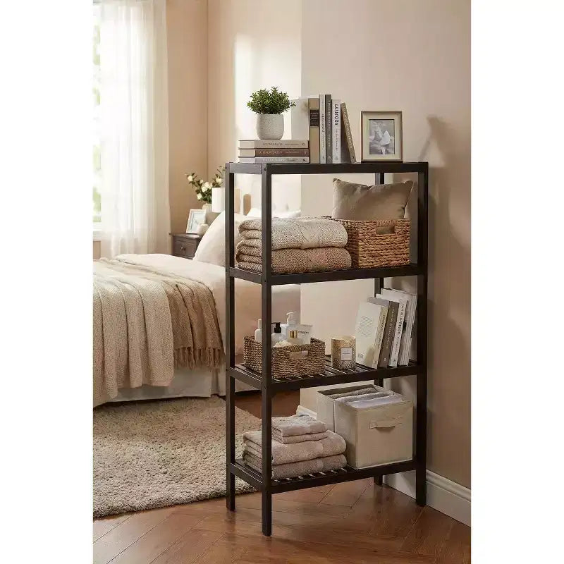 Étagère à 4 niveaux en bambou, Étagère de salle de bain étroite à lattes en bois naturel, Support à plantes pour salle de bain, cuisine, entrée, chambre, véranda