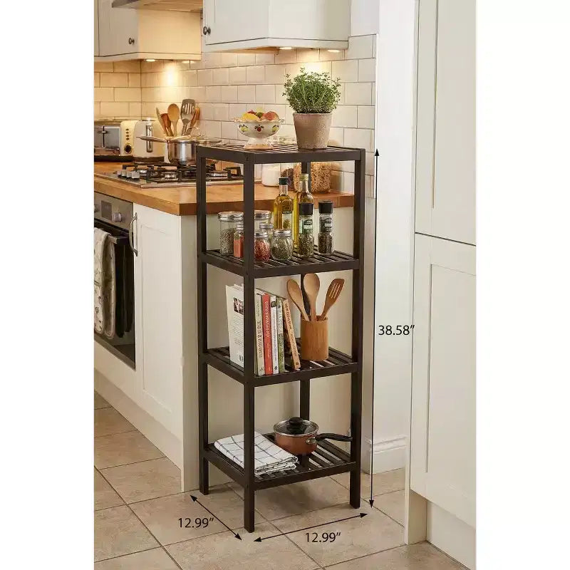 Étagère à 4 niveaux en bambou, Étagère de salle de bain étroite à lattes en bois naturel, Support à plantes pour salle de bain, cuisine, entrée, chambre, véranda