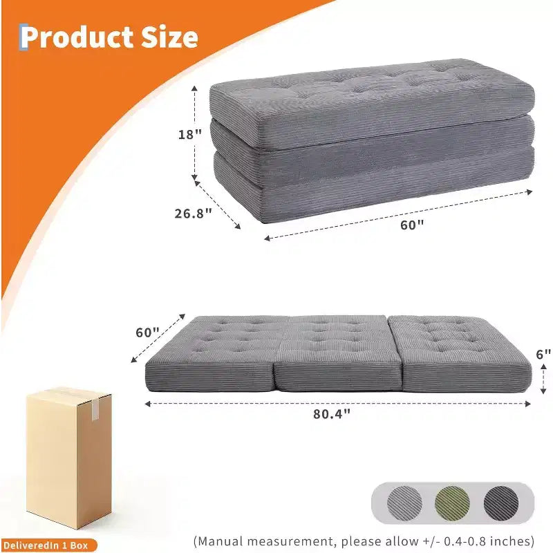 Matelas pliant à trois volets 6", Queen Size 80.4x60, Noir/Gris, 2 personnes, Côtelé touffeté