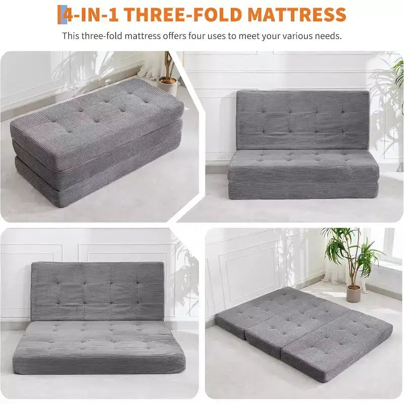 Matelas pliant à trois volets 6", Queen Size 80.4x60, Noir/Gris, 2 personnes, Côtelé touffeté