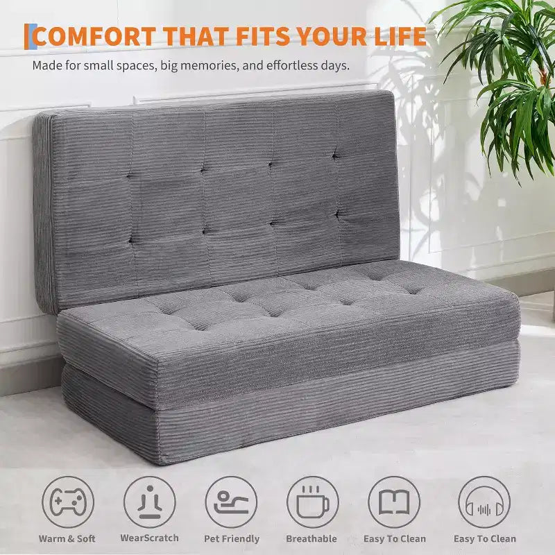 Matelas pliant à trois volets 6", Queen Size 80.4x60, Noir/Gris, 2 personnes, Côtelé touffeté