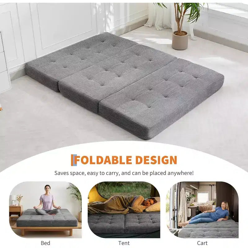 Matelas pliant à trois volets 6", Queen Size 80.4x60, Noir/Gris, 2 personnes, Côtelé touffeté