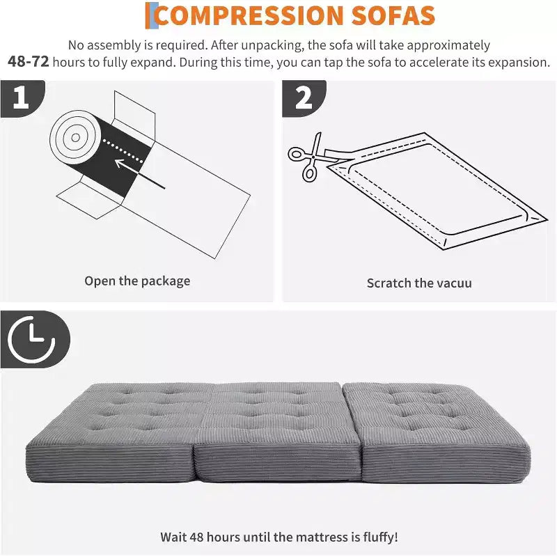 Matelas pliant à trois volets 6", Queen Size 80.4x60, Noir/Gris, 2 personnes, Côtelé touffeté