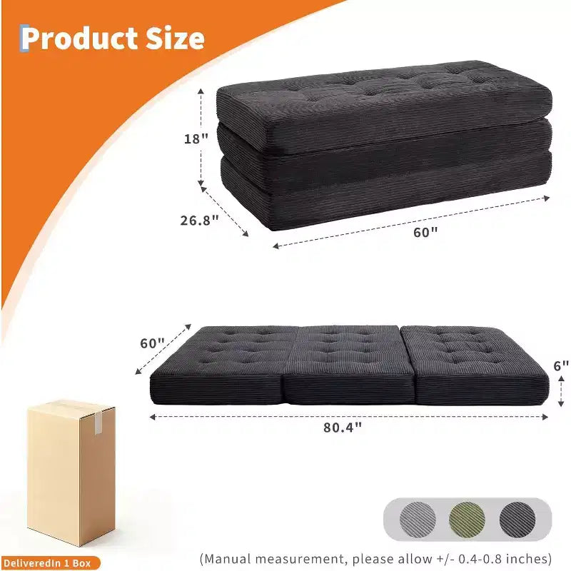 Matelas pliant à trois volets 6", Queen Size 80.4x60, Noir/Gris, 2 personnes, Côtelé touffeté