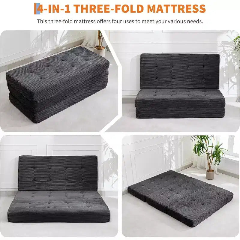 Matelas pliant à trois volets 6", Queen Size 80.4x60, Noir/Gris, 2 personnes, Côtelé touffeté