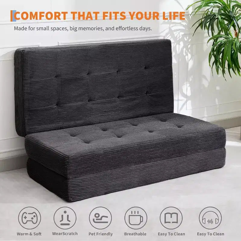 Matelas pliant à trois volets 6", Queen Size 80.4x60, Noir/Gris, 2 personnes, Côtelé touffeté