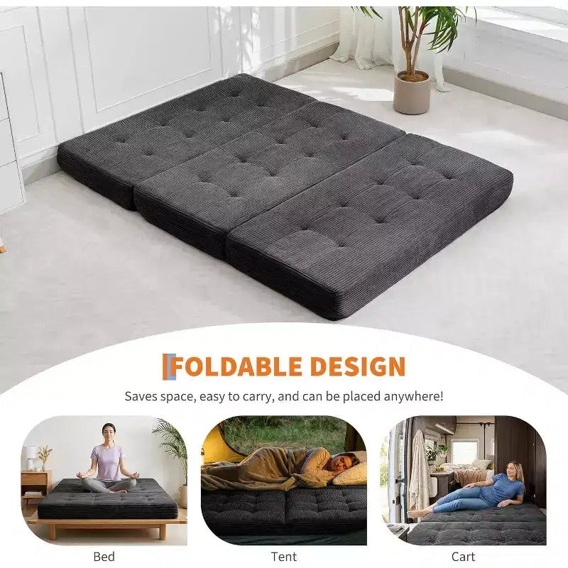 Matelas pliant à trois volets 6", Queen Size 80.4x60, Noir/Gris, 2 personnes, Côtelé touffeté