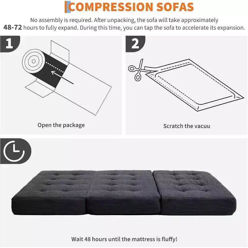Matelas pliant à trois volets 6", Queen Size 80.4x60, Noir/Gris, 2 personnes, Côtelé touffeté