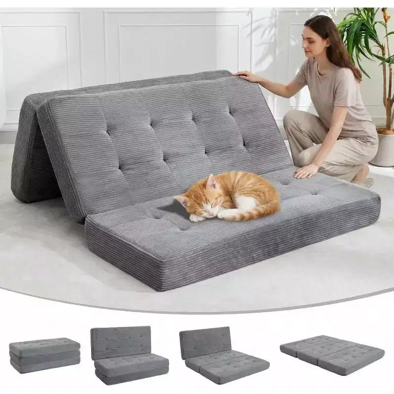 Matelas pliant à trois volets 6", Queen Size 80.4x60, Noir/Gris, 2 personnes, Côtelé touffeté