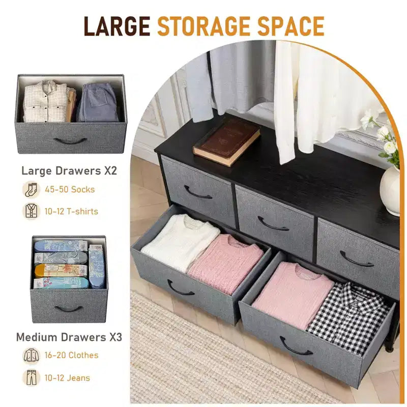 Commode à 5 tiroirs en tissu – Solution de rangement spacieuse – Commode de chambre moderne – Organisateur à cadre métallique – Grands tiroirs amovibles