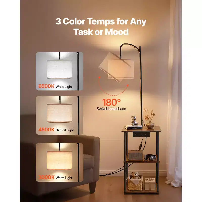 Lampadaire VEVOR avec table, table d'appoint étroite à 3 niveaux avec étagères ouvertes et éclairage à 3 températures de couleur, port de charge USB, Type C et AC, marron et noir