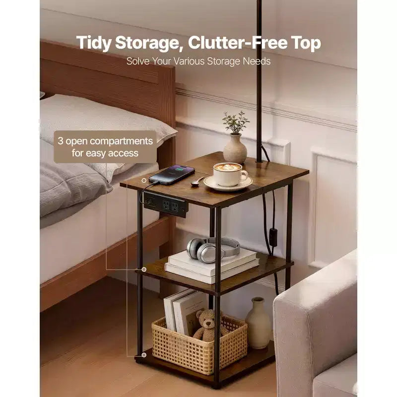 Lampadaire VEVOR avec table, table d'appoint étroite à 3 niveaux avec étagères ouvertes et éclairage à 3 températures de couleur, port de charge USB, Type C et AC, marron et noir