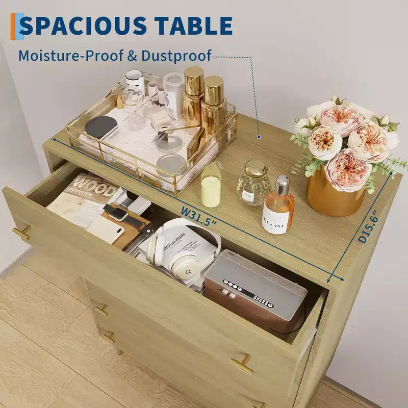 Commode à 5 tiroirs Grande de 112 cm, en bois rustique avec poignées barre, anti-basculement et compatible avec les robots aspirateurs