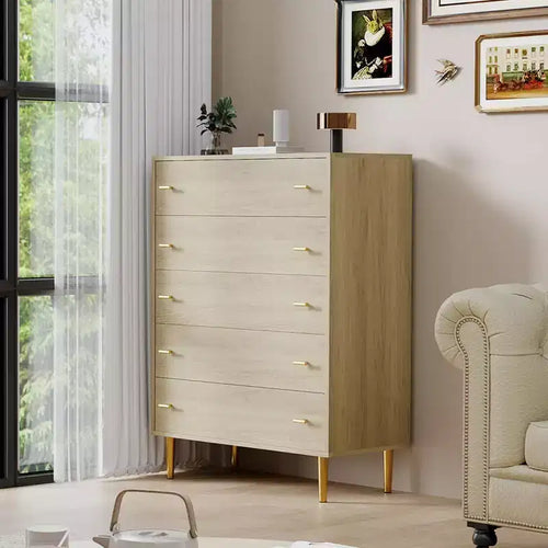 5-Drawer Dresser  44 Tall Rustic Wood Chest with Bar Handles, Anti-Tip & Robot-Vacuum Friendly
