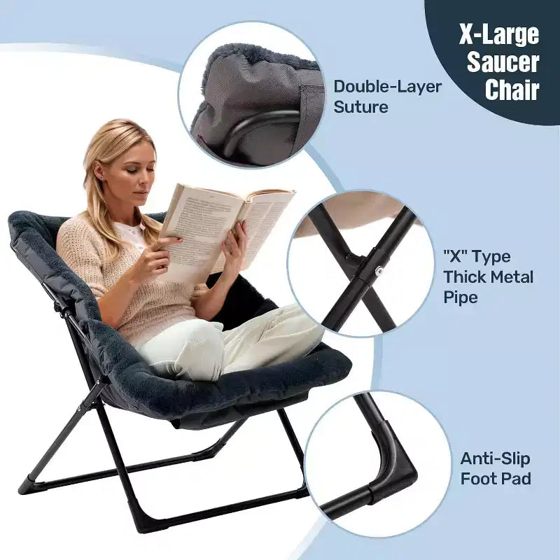Fauteuil soucoupe en fausse fourrure extra-large Summit Adventure – Fauteuil de lecture confortable et pliable surdimensionné pour adultes et adolescents, bleu marine