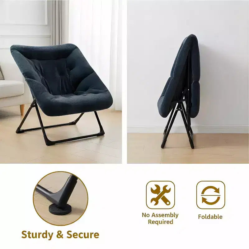 Fauteuil soucoupe en fausse fourrure extra-large Summit Adventure – Fauteuil de lecture confortable et pliable surdimensionné pour adultes et adolescents, bleu marine