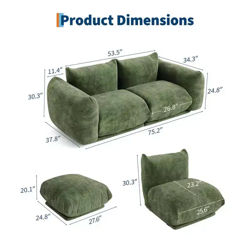 Ensemble de canapé modulaire composé de 2 causeuses, canapé nuage en chenille avec assise profonde, sans structure, pour salon, petit espace