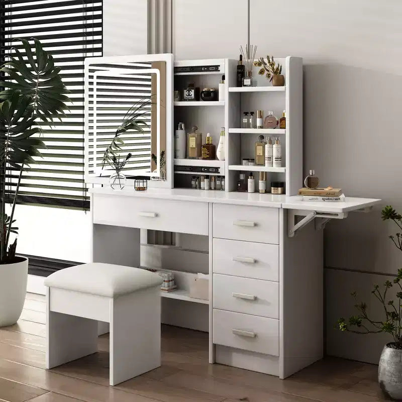 JVNOXK White Makeup Vanity Desk with Lighted Mirror & Chair, 5 Drawers, Open Shelves, 3 Color Adjustable LED Lighting Vanity Table Set