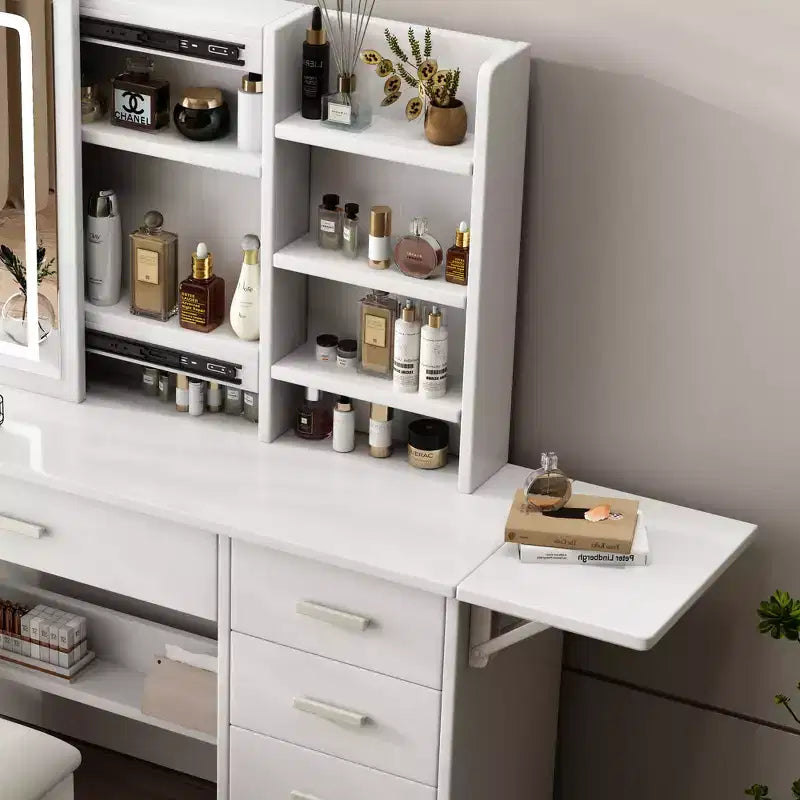 JVNOXK Coiffeuse blanche avec miroir lumineux et chaise, 5 tiroirs, étagères ouvertes, ensemble de coiffeuse avec éclairage LED réglable 3 couleurs