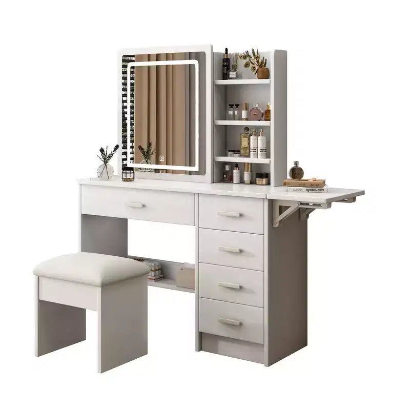 JVNOXK Coiffeuse blanche avec miroir lumineux et chaise, 5 tiroirs, étagères ouvertes, ensemble de coiffeuse avec éclairage LED réglable 3 couleurs